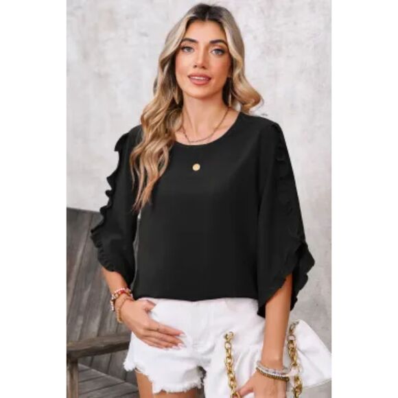 SHEWIN FIERY BLACK FRILL TRIM PLAIN TULIP SLEEVE BLOUSE - Picture 2 of 3